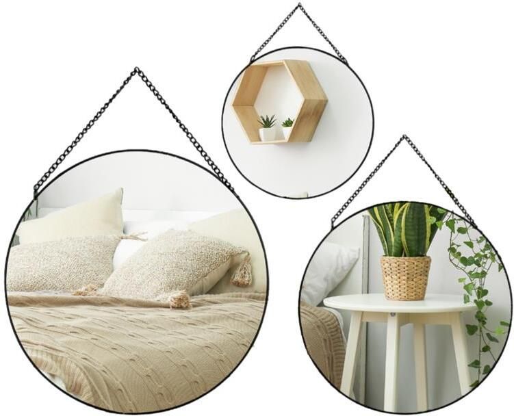 MISOU Spiegel Set van 3 Rond Zwart Metaal Wandspiegel Wanddecoratie...