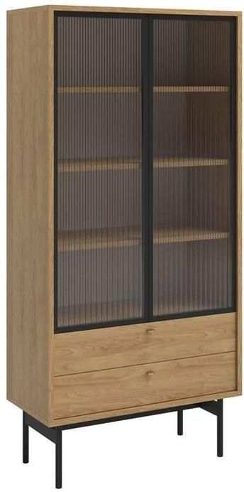 Selsey OLAR Hoge vitrinekast met vier planken en twee lades 85 cm Natuurlijke hikora - Foto 3