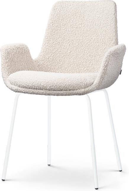 Nolon Nora-Eef Eetkamerstoel Bouclé Beige met Armleuning Stof Wit Metalen Poten Lage Armleuning Modern Design Scandinavisch