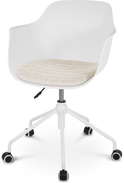 Nolon Nout-Liz Bureaustoel Wit met Beige Zitkussen met Armleuning Kunststof Vast Zitkussen Verstelbaar Wieltjes Wit Onderstel