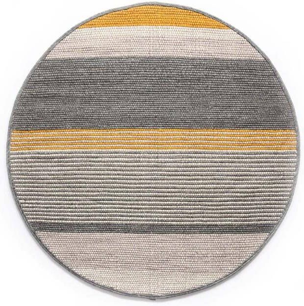 Nordic Weavers Rond wollen vloerkleed strepen Lett okergeel grijs 190 cm rond