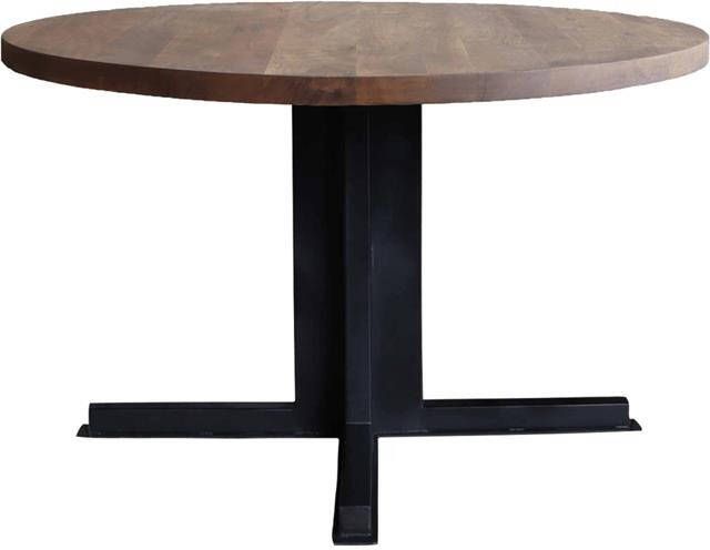 Old Inn Wonen Old Inn Eetkamertafel Industrieel Rond Bruin Acaciahout Zwart Metalen Pluspoot 140x76cm