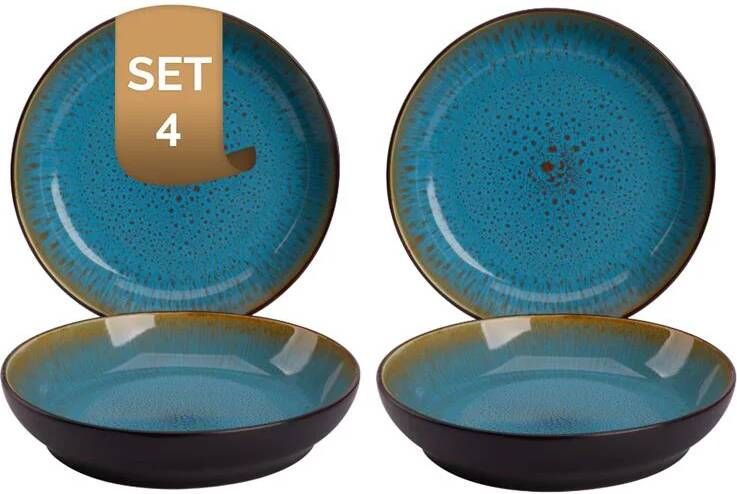 Palmer Bord diep Lotus 21 cm Turquoise Zwart Stoneware 4 stuks