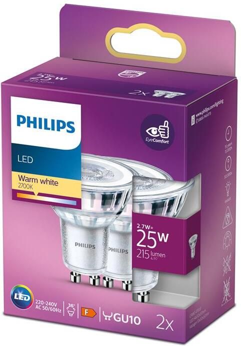 Philips Energiezuinige LED Spot 25 W GU10 warmwit licht 2 stuks Bespaar op energiekosten
