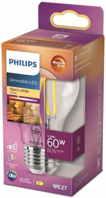 Philips LED Lamp Transparant 60 W E27 Dimbaar warmwit Licht