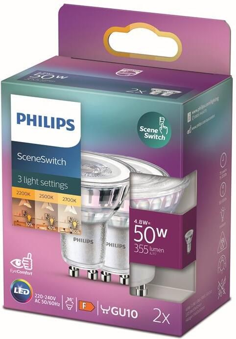 Philips LED Spot SceneSwitch 50 W GU10 warmwit licht 2 stuks