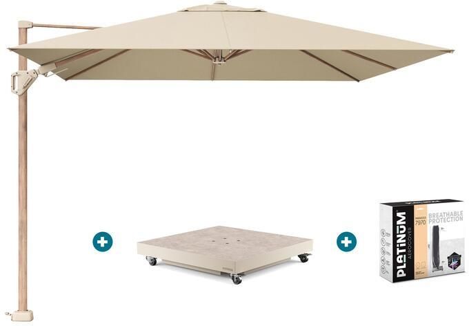 Platinum Challenger zweefparasol Premium T2 champagne teak met vulbare parasolvoet en hoes