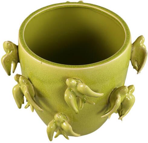 PTMD Emmelyn Green Round Ceramic Glazed Pot Birds L