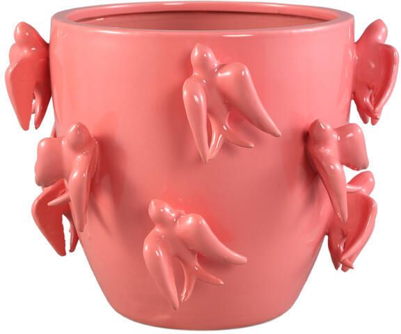 PTMD Emmelyn Pink Round Ceramic Glazed Pot Birds L