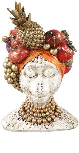 PTMD Kaliesa White Poly Monkey Statue With Fruits Round