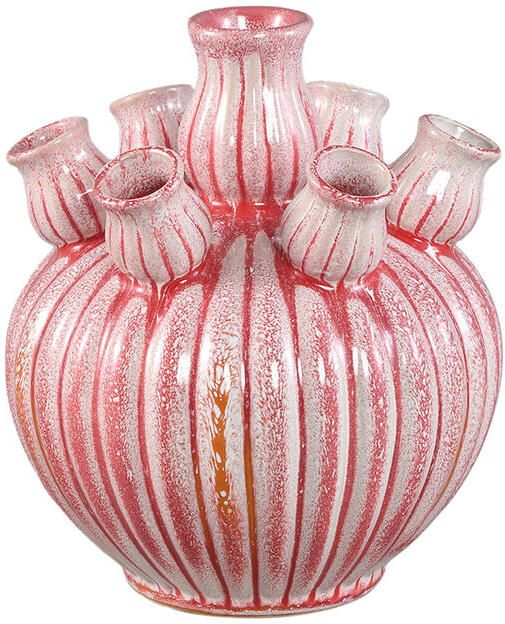 PTMD Nolou Pink Ceramic Tulip Vase Ribbed Round S