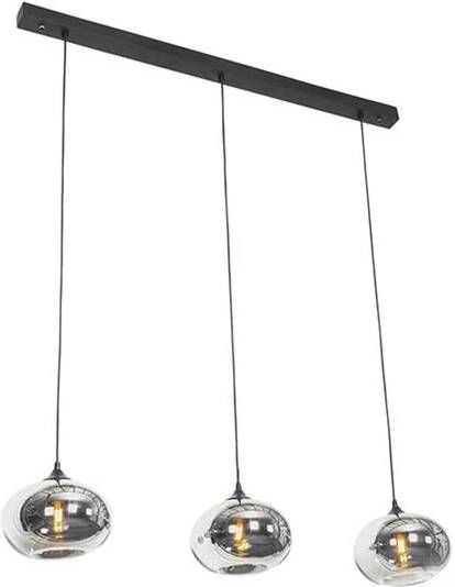 QAZQA Art Deco hanglamp zwart met glas smoke langwerpig 3-lichts