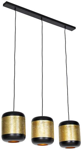 QAZQA Vintage hanglamp zwart met messing langwerpig 3-lichts