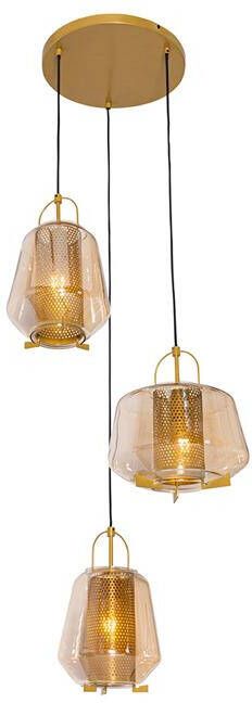 QAZQA Hanglamp goud amber glas rond 3-lichts Kevin