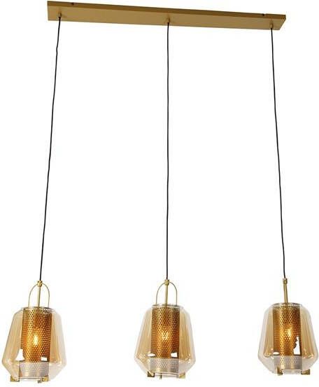 QAZQA Hanglamp goud met amber glas 23 cm langwerpig 3-lichts Kevin - Foto 1