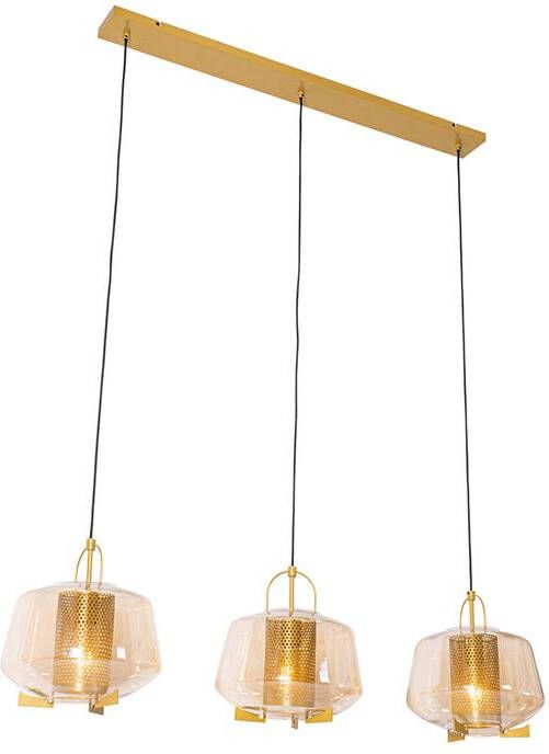 QAZQA Hanglamp goud met amber glas 30 cm langwerpig 3-lichts Kevin - Foto 1