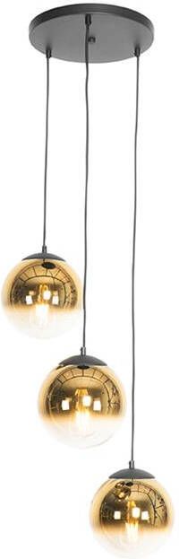 QAZQA Art deco hanglamp zwart met goud glas rond 3-lichts pallon - Foto 1