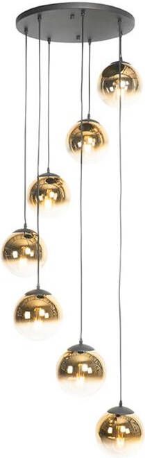 QAZQA Art deco hanglamp zwart met goud glas 7-lichts pallon
