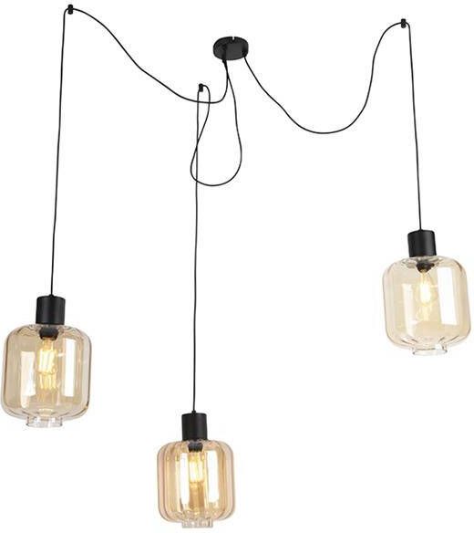 QAZQA Design hanglamp zwart met amber glas 3-lichts 226 cm Qara - Foto 1