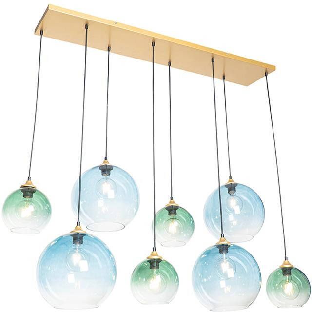QAZQA Hanglamp messing met blauw en groen glas 8-lichts Sandra