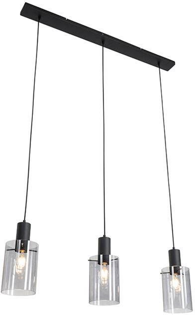 QAZQA Hanglamp zwart met smoke glas langwerpig 3-lichts Vidra