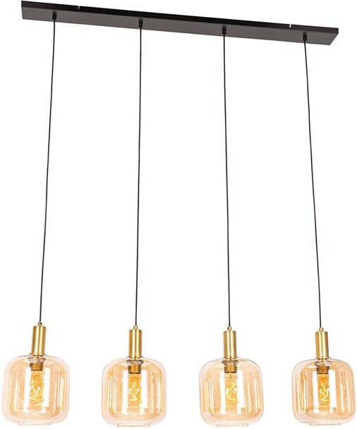 QAZQA Design hanglamp zwart met messing en amber glas 4-lichts - Foto 1
