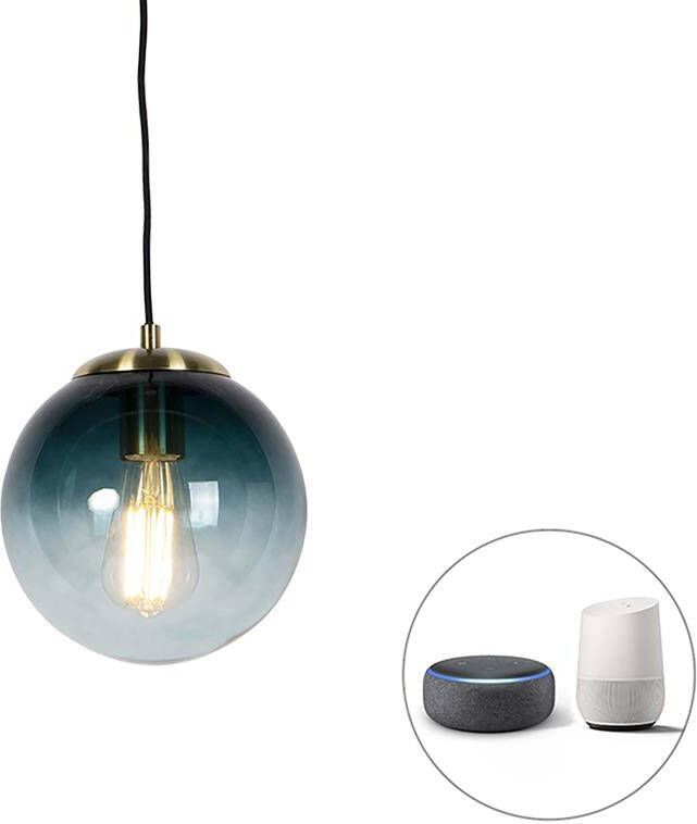 QAZQA Smart hanglamp messing met oceaanblauw glas 20 cm incl. Wifi