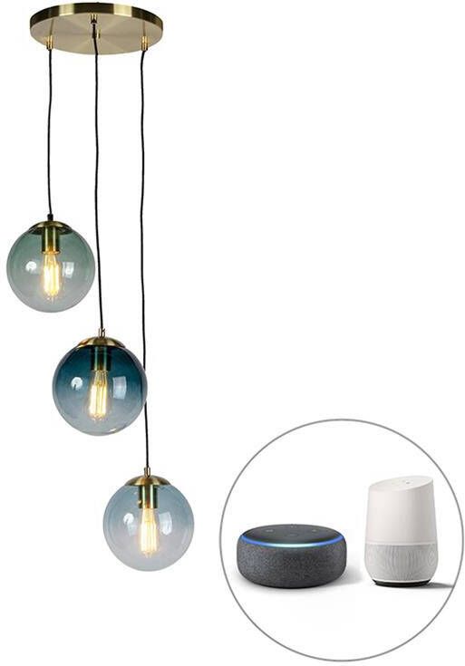 QAZQA Smart hanglamp messing incl. 3 WiFi ST64 met blauw glas - Foto 1
