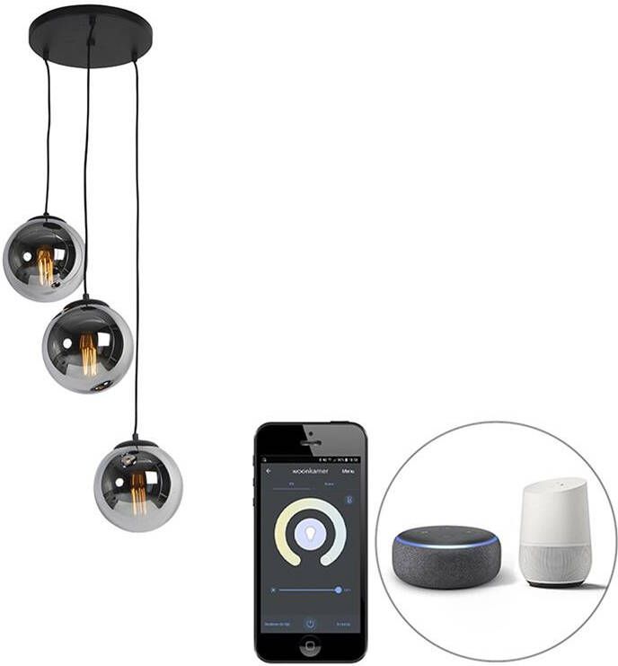 QAZQA Smart hanglamp zwart met smoke glas 3-lichts incl. Wifi ST64