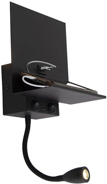 QAZQA Moderne wandlamp zwart met USB en flexarm Flero