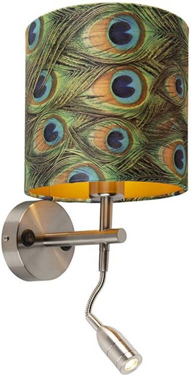 QAZQA Moderne wandlamp staal met leeslamp en kap velours 20|20|20 - Foto 1