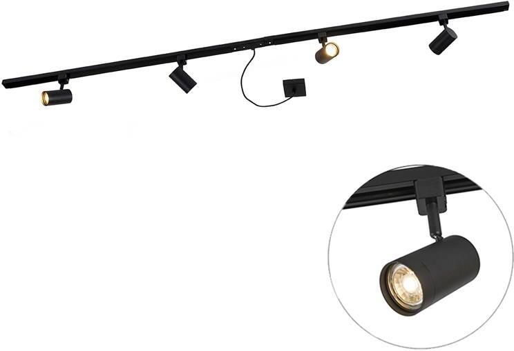 QAZQA 1-fase railsysteem zwart met 4 spots en I voeding vierkant