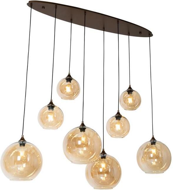 QAZQA Art Deco hanglamp donkerbrons met amber glas ovaal 8-lichts