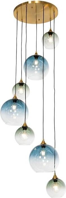 QAZQA Art Deco Hanglamp messing met blauw glas rond 7-lichts Sandra