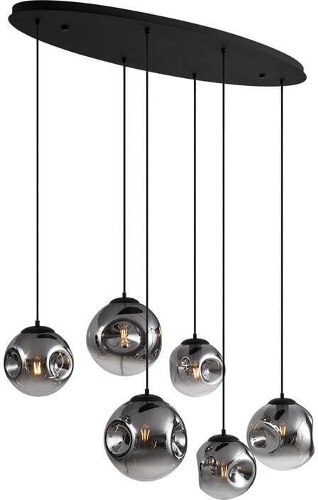 QAZQA Art deco hanglamp zwart met ovale plafondplaat en smoke glas