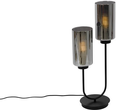 QAZQA Art Deco tafellamp zwart met smoke glas 2-lichts Laura