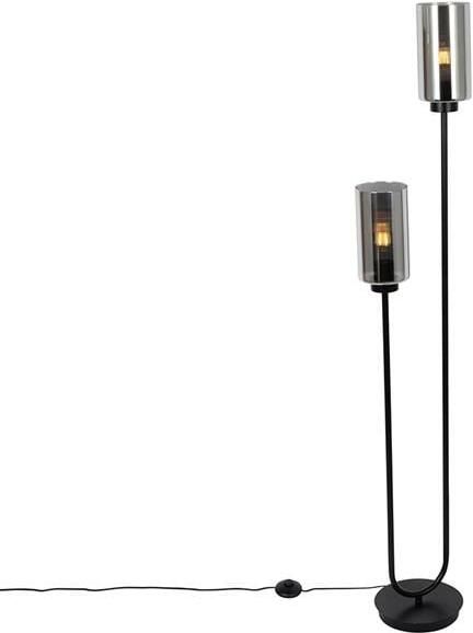 QAZQA Art Deco vloerlamp zwart met smoke glas 2-lichts Laura