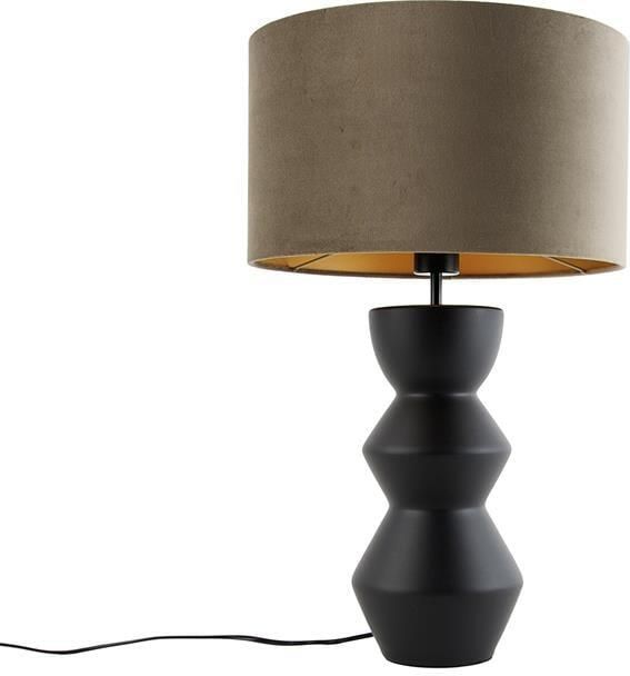 QAZQA Design tafellamp zwart 16 cm velours kap taupe met goud 35 cm