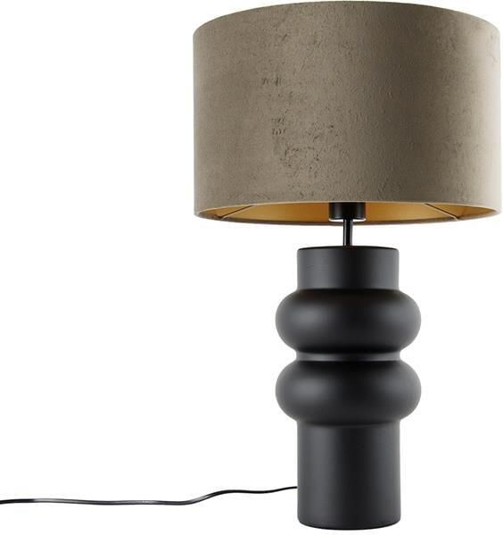 QAZQA Design tafellamp zwart 17 cm velours kap taupe met goud 35 cm