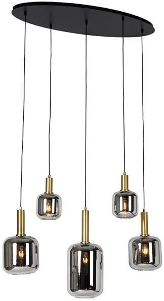 QAZQA Hanglamp zwart met goud en smoke glas ovaal 5-lichts Zuzanna