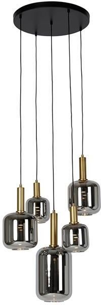 QAZQA Hanglamp zwart met goud met smoke glas incl. 5 PUCC Zuzanna