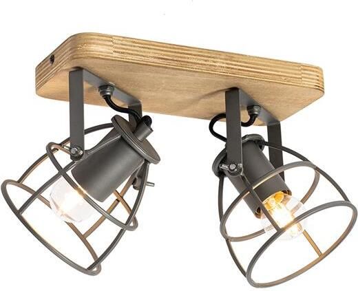 QAZQA Industriële spot donkergrijs met hout verstelbaar 2-lichts