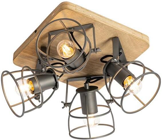 QAZQA Industriële spot hout met donkergrijs verstelbaar 4-lichts