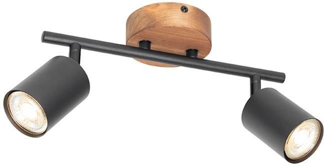 QAZQA Industriële spot zwart met hout kantelbaar 2-lichts Jeana