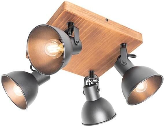 QAZQA Industriële spot zwart met hout kantelbaar 4-lichts Tommy