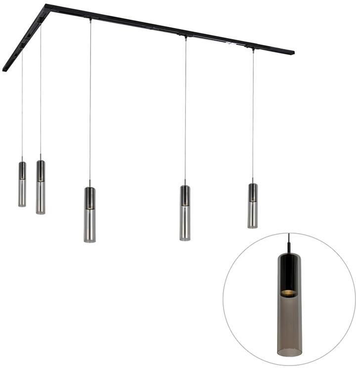 QAZQA Modern railsysteem met 5 hanglampen zwart 1-fase Iconic Lloyd