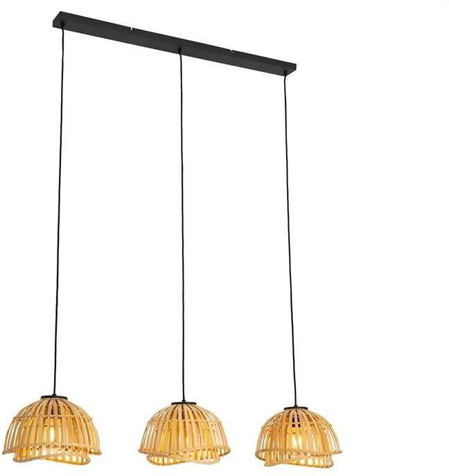 QAZQA Oosterse hanglamp zwart met naturel bamboe 3-lichts Pua