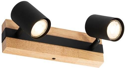 QAZQA Plafondlamp zwart met hout 2-lichts verstelbaar rechthoekig