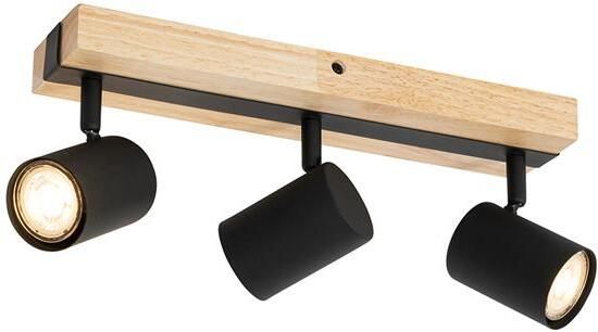 QAZQA Plafondlamp zwart met hout 3-lichts verstelbaar rechthoekig