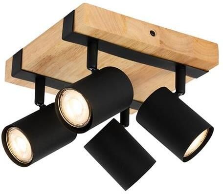 QAZQA Plafondlamp zwart met hout 4-lichts verstelbaar rechthoekig